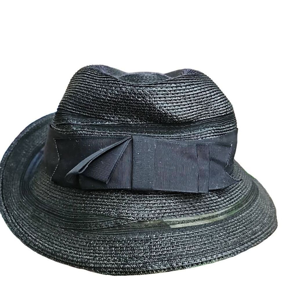 Sandra New York Black Straw Hat Vintage Church Funeral Derby Lined Bow Accent